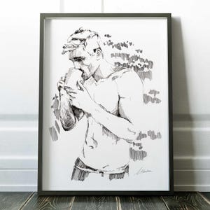 Stampa artistica maschile "Coffee Lover", decorazione murale queer, disegno a inchiostro a torso nudo, poster LGBTQ per camera da letto, schizzo del corpo gay, regalo per bevitori di caffè