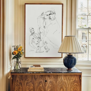 Duo di figure maschili in inchiostro, stampa d'arte gay, schizzo maschile queer, disegno in bianco e nero, poster LGBTQ, opera d'arte espressiva del corpo gay