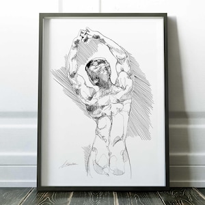 Disegno a inchiostro del corpo maschile, stampa d'arte gay, arte lineare queer, decorazione murale LGBTQ, schizzo di figura in bianco e nero, poster gay, stampa d'arte maschile