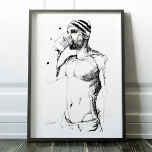 Uomo a torso nudo con tazza da caffè, stampa artistica gay, disegno a tratteggio queer, schizzo a inchiostro di un berretto, arte murale queer maschile, arredamento LGBTQ