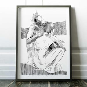 Schizzo di una tenera coppia gay, stampa d'arte gay, disegno a inchiostro queer, poster da parete LGBTQ, disegno in bianco e nero, opera d'arte di una figura maschile intima