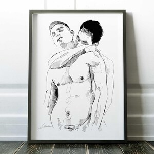 Coppia gay intima, stampa d'arte gay, arte murale LGBTQ, due uomini che si abbracciano, disegno queer, regalo romantico per lui, stampa sensuale maschile