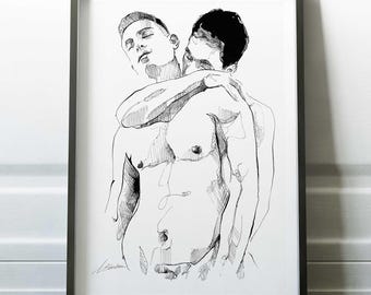 Gay Couple Art Print: Intimate Queer Line Drawing