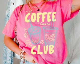 Maglietta Iced Coffee Club, regalo per amanti del caffè, maglietta estiva a tema caffè, maglietta divertente a tema caffè, maglietta alla moda a tema caffè, regalo per amanti del caffè, girocollo a tema caffè