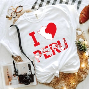 T-shirt J'aime le Pérou avec lignes de Nazca, T-shirt de la fierté péruvienne, tailles unisexe et enfants, cadeau Pérou, chemise péruvienne en coton doux, vêtements du patrimoine du Pérou