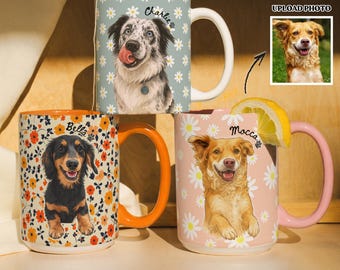 Custom Pet Portrait Mug, Personalized Dog or Cat Mug, Floral Mug Gift for Pet Lovers, Dog Mom Gifts, Pet Memorial Gift, Cat Mom Gift
