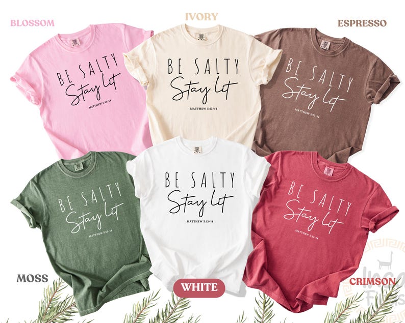 May include: A collection of six short-sleeved t-shirts in various colors: blossom pink, ivory, espresso brown, moss green, white, and crimson red. Each shirt features the text "BE SALTY Stay Lit" in a handwritten style.
