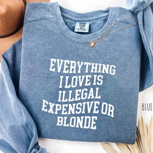 Pu&ograve; includere: Felpa blu jeans con la scritta "EVERYTHING I LOVE IS ILLEGAL EXPENSIVE OR BLONDE" in lettere bianche. Sono visibili anche una collana d'oro e un cappello marrone.