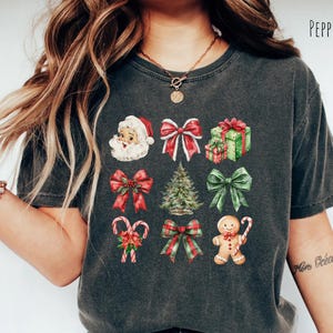 Camisa navideña con lazo de Papá Noel retro, camiseta navideña con colores cómodos, sudadera con lazos navideños vintage, lindo regalo navideño femenino para ella