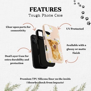 May include: A dual-layer tough phone case featuring a light peach background with white daisy flowers and a golden dog illustration labelled Mocca. The case includes clear open ports, UV protection, and a premium TPU silicone liner for shock absorption.