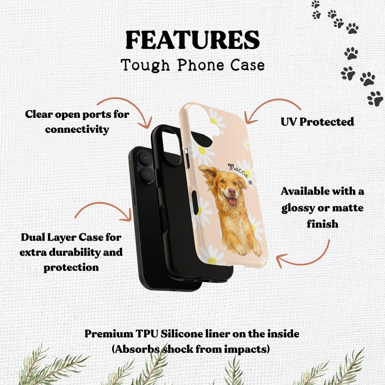May include: A dual-layer tough phone case featuring a light peach background with white daisy flowers and a golden dog illustration labelled Mocca. The case includes clear open ports, UV protection, and a premium TPU silicone liner for shock absorption.