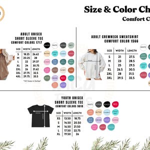 May include: Size and color chart for adult unisex short sleeve tees, adult crewneck sweatshirts, and youth unisex short sleeve tees. Includes measurements in inches and a color palette with options like black, white, and red.