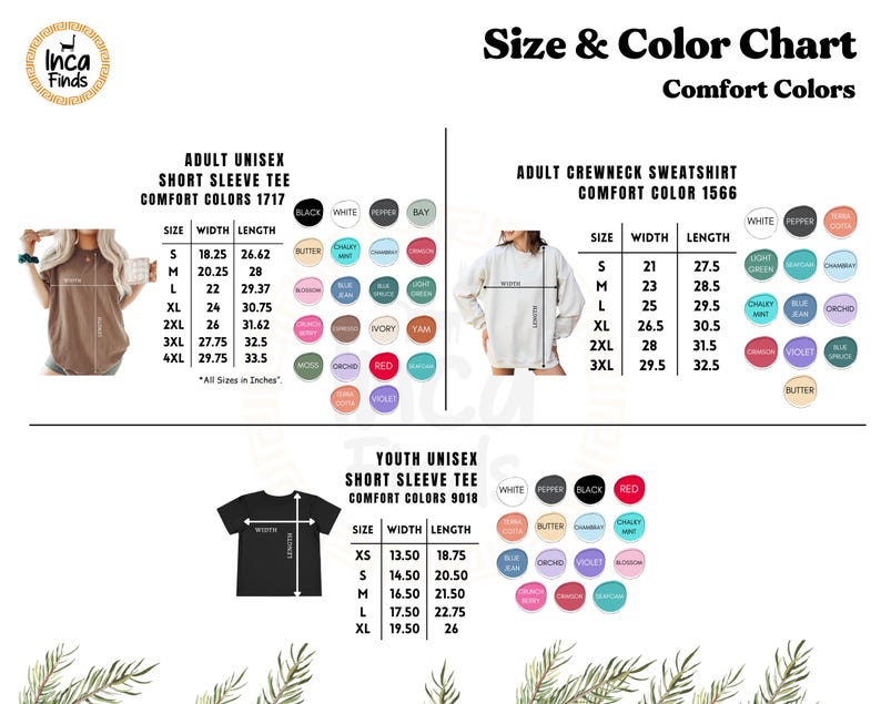 May include: Size and color chart for adult unisex short sleeve tees, adult crewneck sweatshirts, and youth unisex short sleeve tees. Includes measurements in inches and a color palette with options like black, white, and red.
