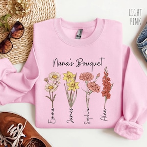 T-shirt Nana&#39;s Bouquet, T-shirt oma&#39;s Garden, aangepast geboorteshirt met bloemen, gepersonaliseerd cadeau voor moeder of oma, verjaardags- of Valentijnsdagcadeau
