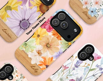 Personalized Wildflower Phone Case With Wood Bottom, Custom Name iPhone Samsung Cover, Botanical Floral Mother's Day Grandma Mama Gift