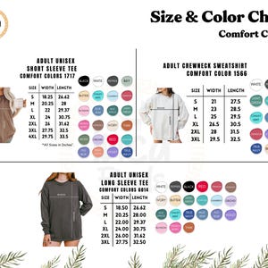 May include: Size and colour chart for Comfort Colours adult unisex short sleeve tee, crewneck sweatshirt, and long sleeve tee. Includes size and colour options. Measurements are in inches.