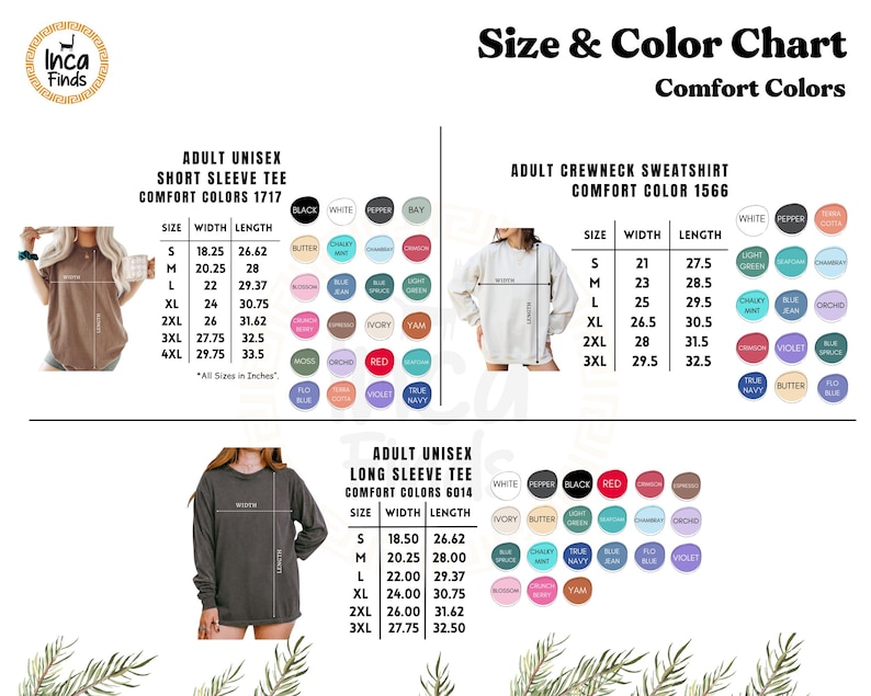 May include: Size and colour chart for Comfort Colours adult unisex short sleeve tee, crewneck sweatshirt, and long sleeve tee. Includes size and colour options. Measurements are in inches.