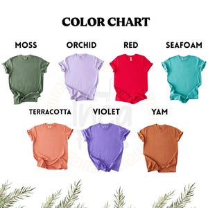 May include: A colour chart displaying seven t-shirts in shades of moss, orchid, red, seafoam, terracotta, violet, and yam. The words "COLOR CHART" are at the top. The brand logo "Inca Finds" is in the bottom right corner.