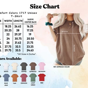 Op de afbeelding: Maattabel voor Comfort Colors 1717 unisex T-shirts. De tabel toont afmetingen in inches voor breedte, lengte en mouw midden achter voor maten S tot 4XL. Beschikbare kleuren zijn zwart, wit, ivoor, peper, espresso en rood.