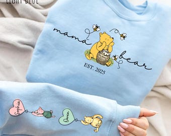 Custom Mom Bear Winnie the Pooh Shirt, Mama Est with Kid Name on Sleeve Sweatshirt, Classic Pooh Tee,  Mother’s Day Sweater, Mom Gift Shirt