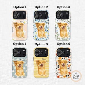 May include: Six smartphone cases featuring a golden dog illustration and the name Mocca. Option 1 has a beige daisy background, Option 2 blue florals, Option 3 wildflowers, Option 4 grey daisies, Option 5 yellow stripes, and Option 6 orange flowers.