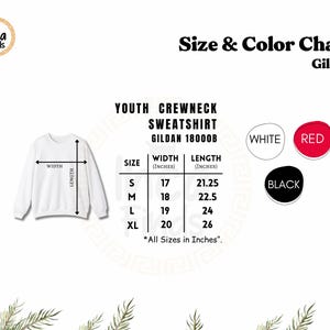 May include: A size and color chart for a Gildan 18000B youth crewneck sweatshirt. The chart displays a white sweatshirt illustration with width and length arrows, a table listing sizes S to XL with measurements in inches, and color circles for white, red, and black.