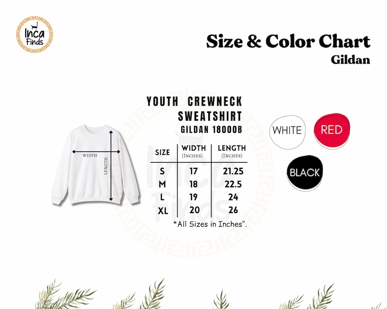 May include: A size and color chart for a Gildan 18000B youth crewneck sweatshirt. The chart displays a white sweatshirt illustration with width and length arrows, a table listing sizes S to XL with measurements in inches, and color circles for white, red, and black.