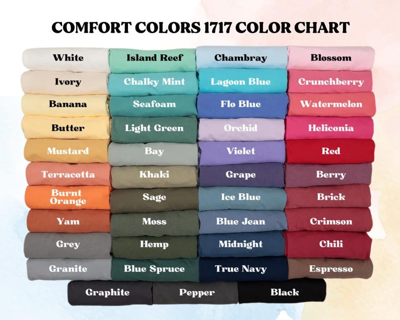 Op de afbeelding: Een kleurenkaart getiteld "COMFORT COLORS 1717 COLOR CHART" toont een verscheidenheid aan stoffen kleuren. De kaart bevat tinten als wit, ivoor, banaan, boter, mosterd, terracotta, verbrand oranje, yam, grijs en graniet.