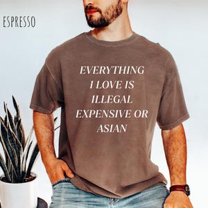 Op de afbeelding: Espresso-kleurig T-shirt met de witte tekst: "EVERYTHING I LOVE IS ILLEGAL EXPENSIVE OR ASIAN". Het shirt is een casual stijl, geschikt voor dagelijks gebruik.