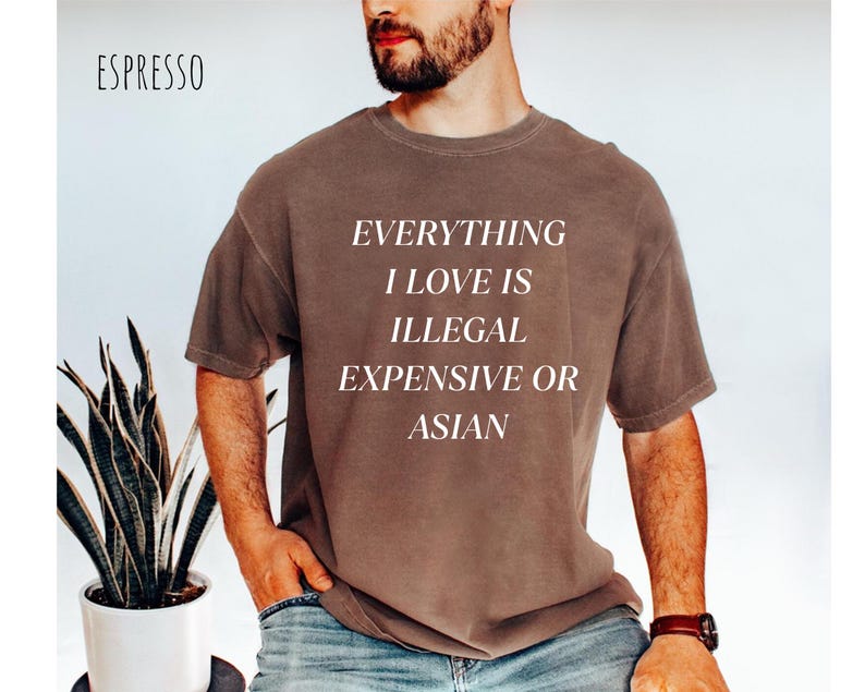 Op de afbeelding: Espresso-kleurig T-shirt met de witte tekst: "EVERYTHING I LOVE IS ILLEGAL EXPENSIVE OR ASIAN". Het shirt is een casual stijl, geschikt voor dagelijks gebruik.