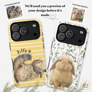 May include: Two custom phone cases featuring pet portraits. The left case has yellow horizontal stripes with a brown fluffy cat and the text Kitty. The right case has a white background with floral patterns, a brown rabbit, and the text Peanut.