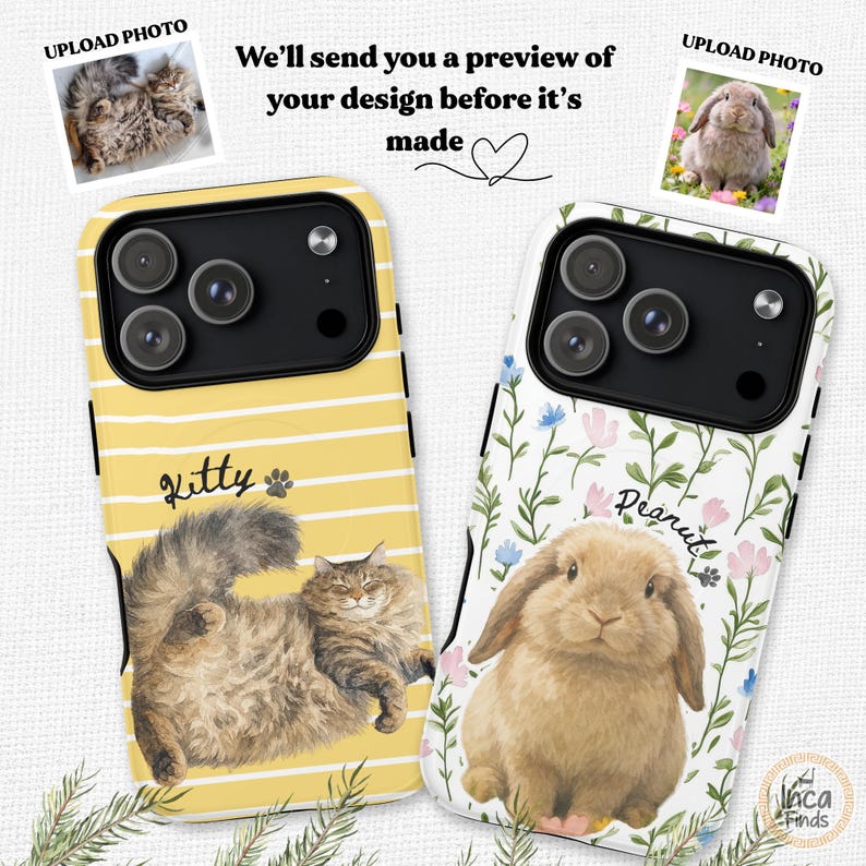 May include: Two custom phone cases featuring pet portraits. The left case has yellow horizontal stripes with a brown fluffy cat and the text Kitty. The right case has a white background with floral patterns, a brown rabbit, and the text Peanut.