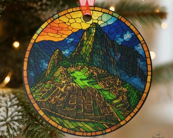 Machu Picchu Ornament | Peru Incan Ruins Souvenir | South America Travel Christmas Tree Gift | Stained Glass Style