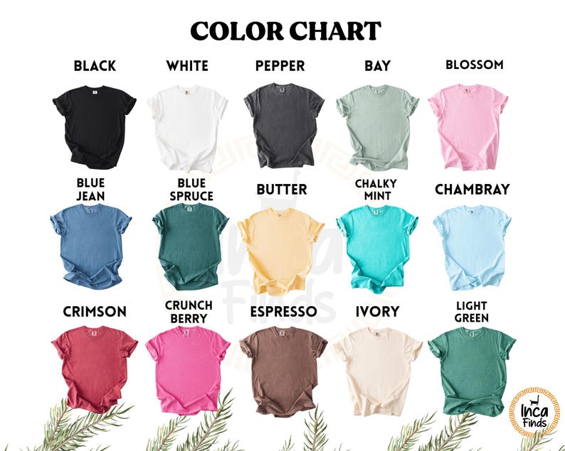 May include: A colour chart displaying t-shirts in shades such as black, white, pepper, bay, and blossom. Additional colours include blue jean, blue spruce, butter, chalky mint, chambray, crimson, crunch berry, espresso, ivory, and light green.