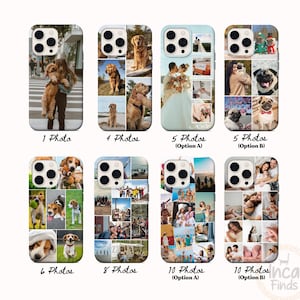 Op de afbeelding: Acht gepersonaliseerde telefoonhoesjes met verschillende fotocollage-indelingen, variërend van een enkele schermvullende weergave tot multi-foto rasters met vier, vijf, zes, acht of tien afzonderlijke afbeeldingen van diverse persoonlijke herinneringen.