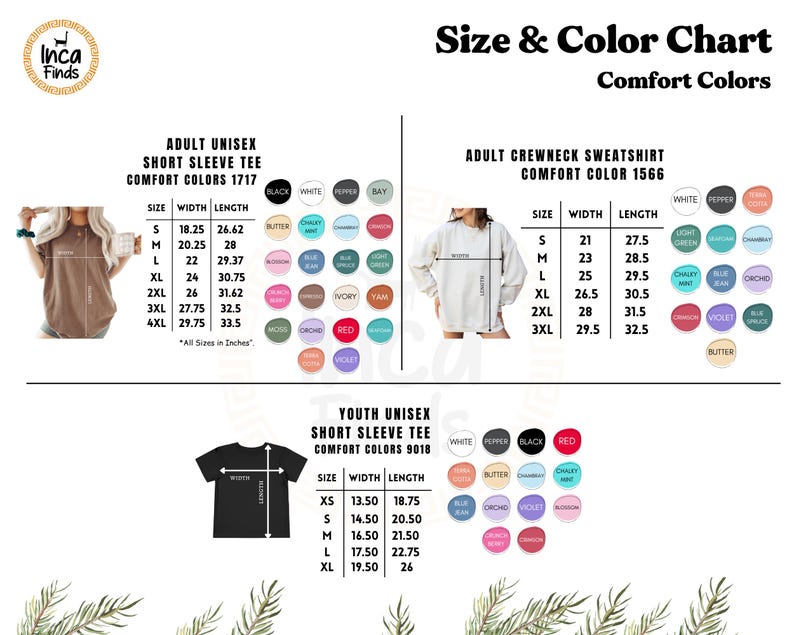 May include: A size and color chart for Comfort Colors apparel featuring three sections: Adult Unisex Short Sleeve Tee 1717, Adult Crewneck Sweatshirt 1566, and Youth Unisex Short Sleeve Tee 9018. Each section includes a sizing table in inches and color swatches.