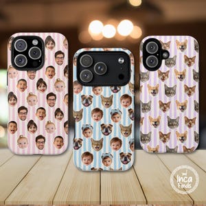 May include: Three phone cases with distinct designs. One case has a pink and white striped pattern with faces, another has blue stripes with faces of babies, cats, and dogs, and the last one has purple stripes with cat faces.