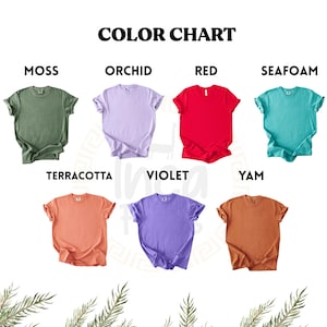 May include: Color chart featuring seven t-shirts in various colors: moss, orchid, red, seafoam, terracotta, violet, and yam. The text "COLOR CHART" is at the top. The brand logo "Inca Finds" is in the bottom right corner.