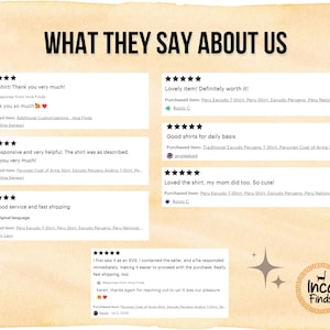 May include: A graphic featuring customer reviews for Inca Finds. The reviews are displayed in white boxes against a tan background, with the text "WHAT THEY SAY ABOUT US" at the top. The reviews include star ratings and customer comments.