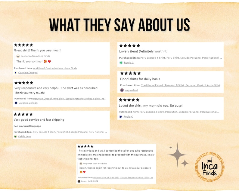 May include: A graphic featuring customer reviews for Inca Finds. The reviews are displayed in white boxes against a tan background, with the text "WHAT THEY SAY ABOUT US" at the top. The reviews include star ratings and customer comments.