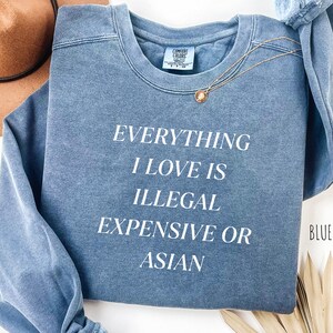 Op de afbeelding: Blauw spijkerbroekkleurig sweatshirt met de witte tekst "EVERYTHING I LOVE IS ILLEGAL EXPENSIVE OR ASIAN". Een gouden ketting ligt op het sweatshirt. Het sweatshirt maakt deel uit van een kledingcollectie.