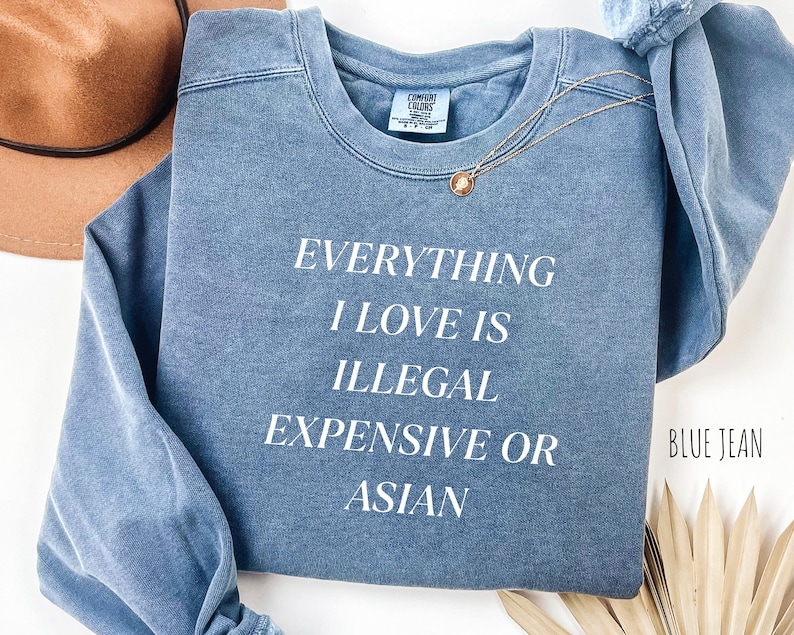 Op de afbeelding: Blauw spijkerbroekkleurig sweatshirt met de witte tekst "EVERYTHING I LOVE IS ILLEGAL EXPENSIVE OR ASIAN". Een gouden ketting ligt op het sweatshirt. Het sweatshirt maakt deel uit van een kledingcollectie.
