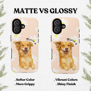 May include: Two phone cases labelled MATTE VS GLOSSY, both featuring a golden dog illustration, white daisy pattern, and the name Mocca. The matte case has softer colours and a grippy texture, while the glossy case has vibrant colours and a shiny finish.