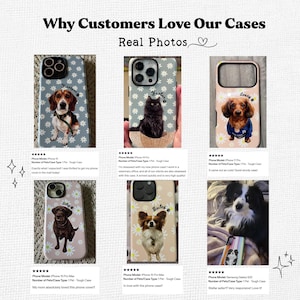 May include: A collage of six phone cases featuring custom pet portraits and daisy patterns. Each case displays a different animal, including a beagle, a black cat, a dachshund, a labrador, and a papillon, with names printed above the pet images.
