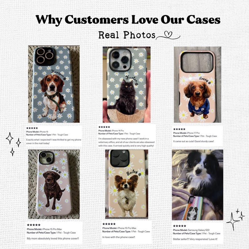May include: A collage of six phone cases featuring custom pet portraits and daisy patterns. Each case displays a different animal, including a beagle, a black cat, a dachshund, a labrador, and a papillon, with names printed above the pet images.