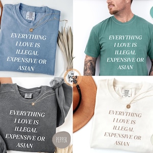 Op de afbeelding: Vier t-shirts en sweatshirts in verschillende kleuren: blue jean, lichtgroen, peper en ivoor. Elk kledingstuk toont de witte tekst "EVERYTHING I LOVE IS ILLEGAL EXPENSIVE OR ASIAN". De shirts liggen plat, waarbij het ontwerp wordt getoond.