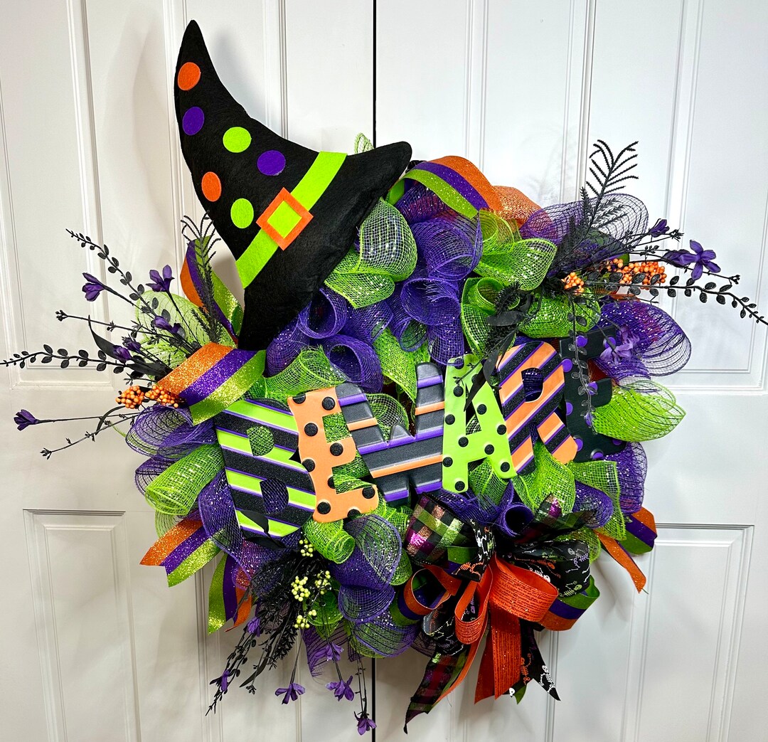 Whimsical Witch Hat Halloween Deco Mesh Wreath Spooky Beware Door Decor ...