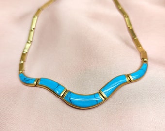 Alluring Vintage Modernist Turquoise Gilt Sterling Silver Choker Necklace Mid Century Geometric Flow Blue Turquoise Links Gift for Her 1970s