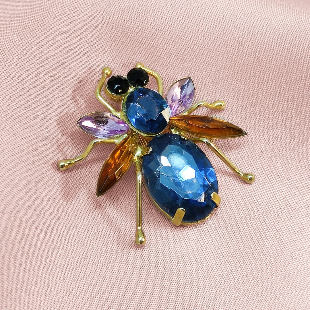 Vintage Large Rhinestone Fly Gold Tone Brooch Blue Amber Faceted ...