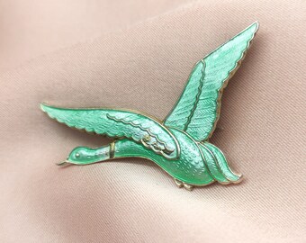 Lovely Vintage Norwegian Green Enamel Flying Goose Brooch Sterling Silver Bird Pin Norway Statement Brooch Birthday Anniversary Gift for Her